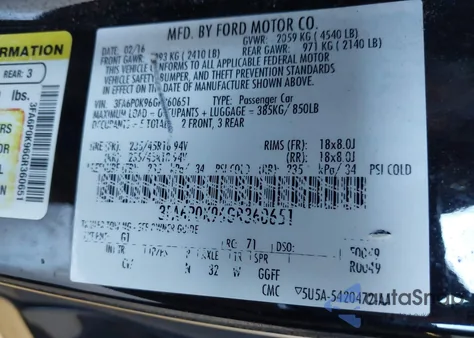 2016 Ford Fusion Titanium z USA, uszkodzony, nr VIN 3FA6P0K96GR360651